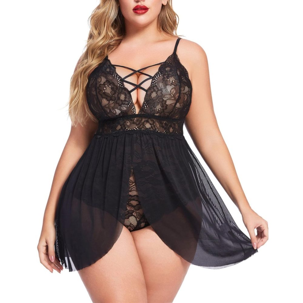 Plus Size Babydoll Womens Snap Crotch Lingerie V NeckLace Nighty Sleepwear Womenswear Comfort BasicMinimalist Spaghetti Strap Lingerie For Women Nightgown - Image 3