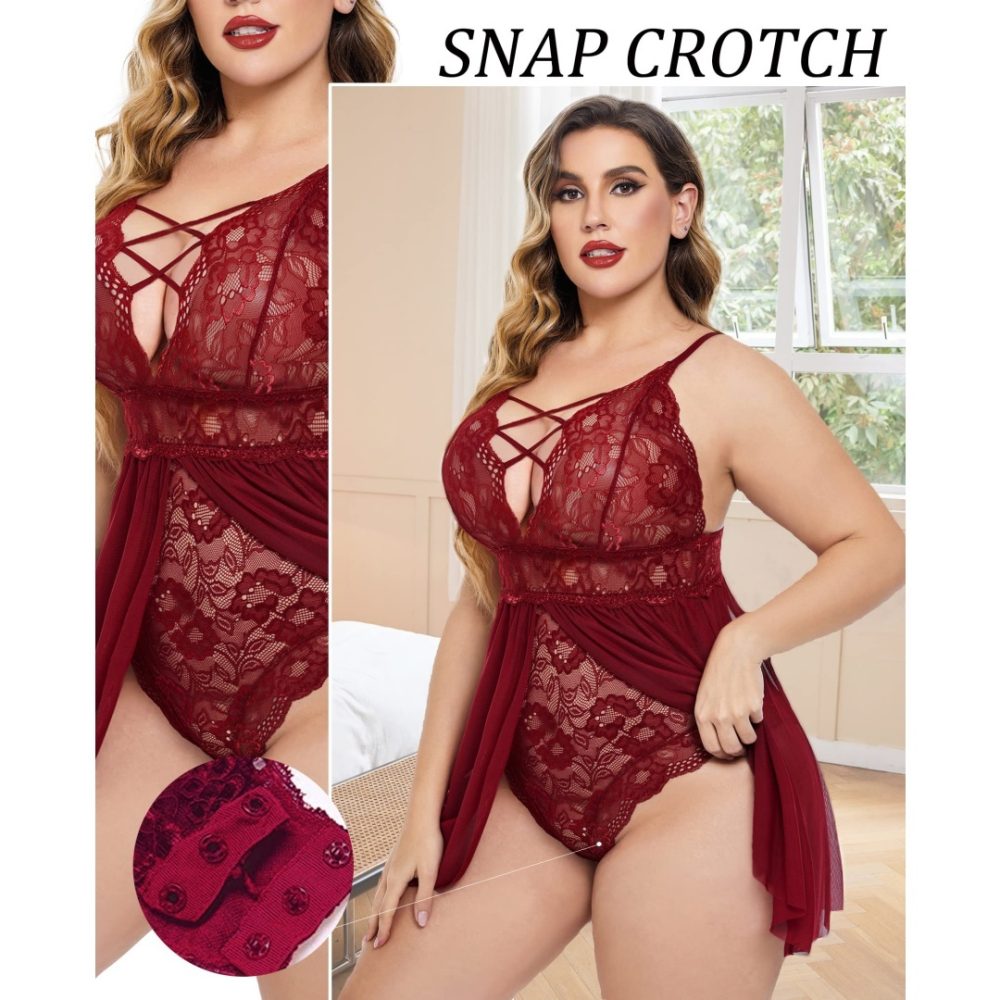 Plus Size Babydoll Womens Snap Crotch Lingerie V NeckLace Nighty Sleepwear Womenswear Comfort BasicMinimalist Spaghetti Strap Lingerie For Women Nightgown - Image 4