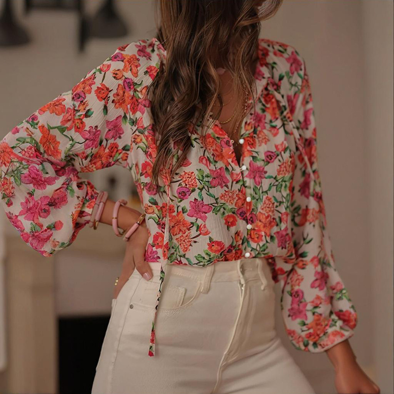 Women's Casual Boho Floral Print V Neck Long Sleeve Drawstring Tops Loose Blouses Button Down Shirts - Image 6