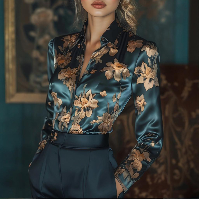 Women's Elegant Satin Lapel Long Sleeve Full Button Shirt Spring Autumn Fashion Tapered Waist Design With Sheen - Image 8