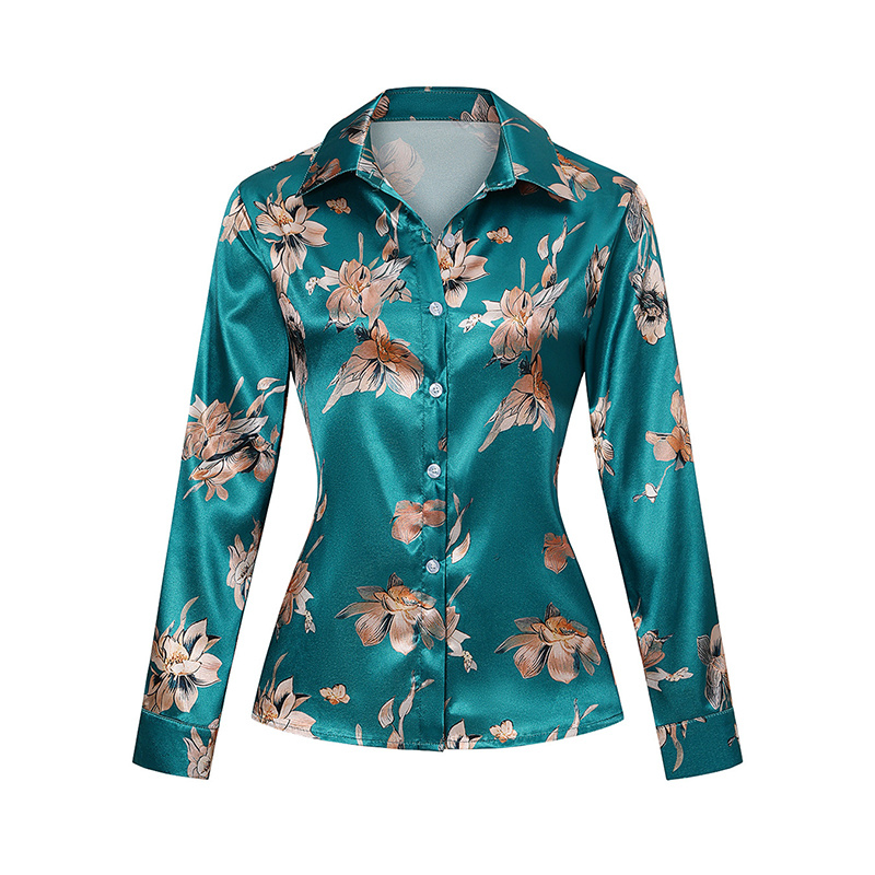 Women's Elegant Satin Lapel Long Sleeve Full Button Shirt Spring Autumn Fashion Tapered Waist Design With Sheen - Image 3