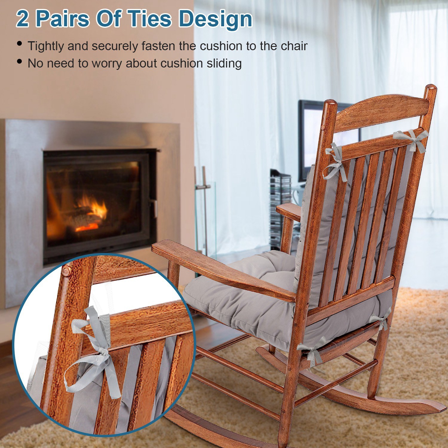 2Pcs Waterproof Rocking Chair Cushion Upper And Lower Back And Seat Sets With Non-Slip Ties Oxford Cloth Surface Polyester Filling Comfortable For Indoor Home Office Car - Image 2