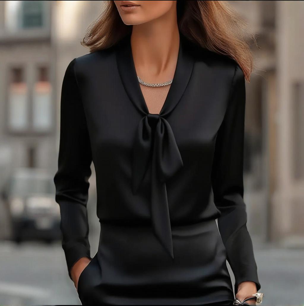Women's Elegant Satin Blouse, Long Sleeve Button Down Shirt With Ribbon Detail For Office Work - Image 3