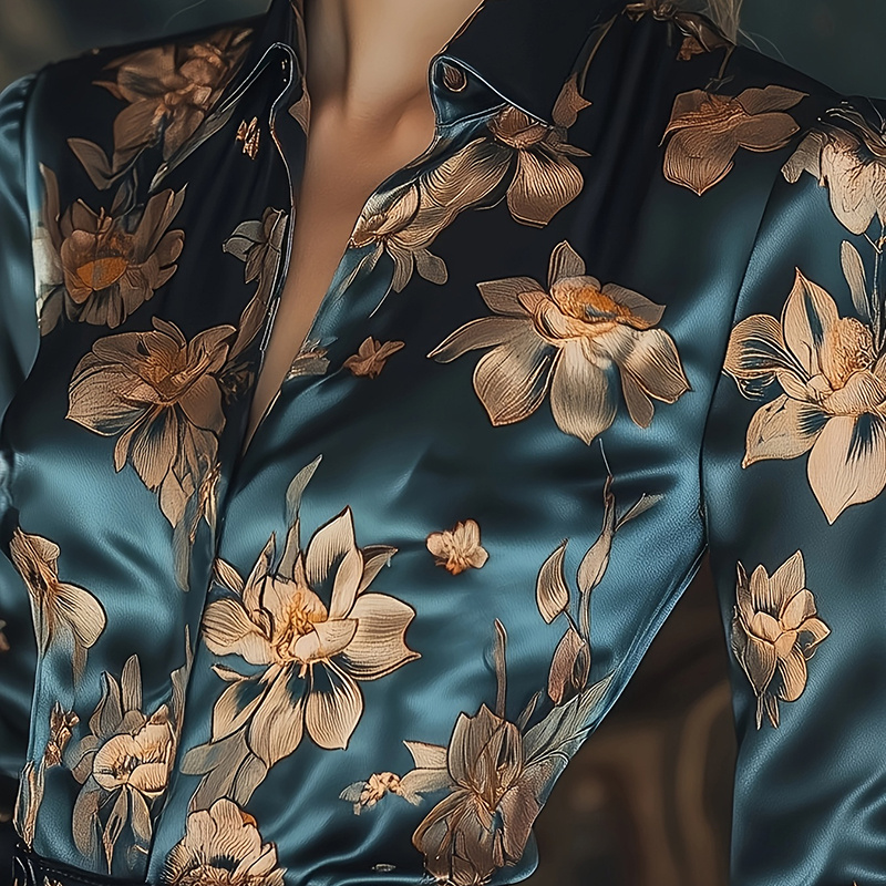 Women's Elegant Satin Lapel Long Sleeve Full Button Shirt Spring Autumn Fashion Tapered Waist Design With Sheen - Image 2