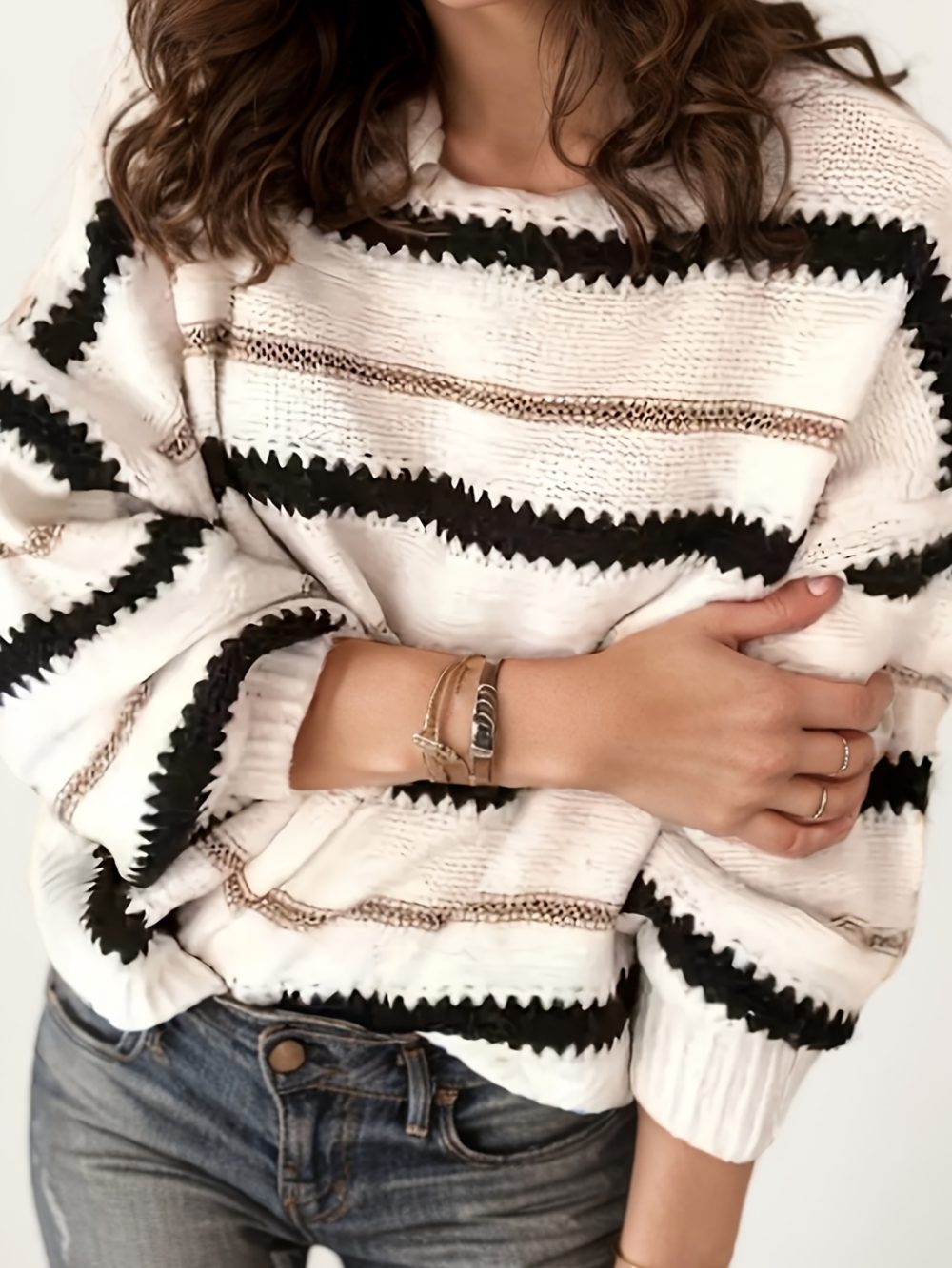 Women's Autumn And Winter Commuting Pullover, Striped Casual Long Sleeved Knitted Sweater - Image 3