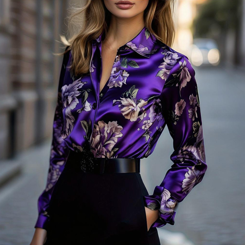 Women's Elegant Satin Lapel Long Sleeve Full Button Shirt Spring Autumn Fashion Tapered Waist Design With Sheen - Image 5