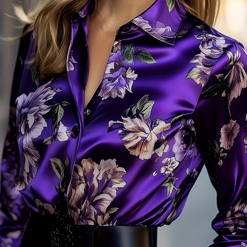 Women's Elegant Satin Lapel Long Sleeve Full Button Shirt Spring Autumn Fashion Tapered Waist Design With Sheen - Image 7