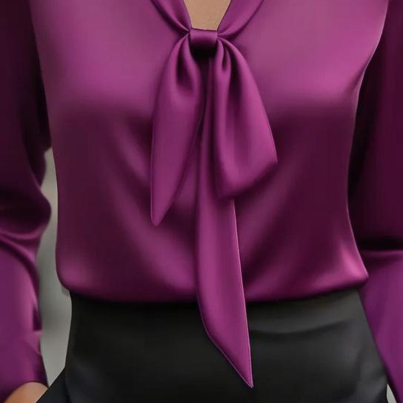 Women's Elegant Satin Blouse, Long Sleeve Button Down Shirt With Ribbon Detail For Office Work - Image 8