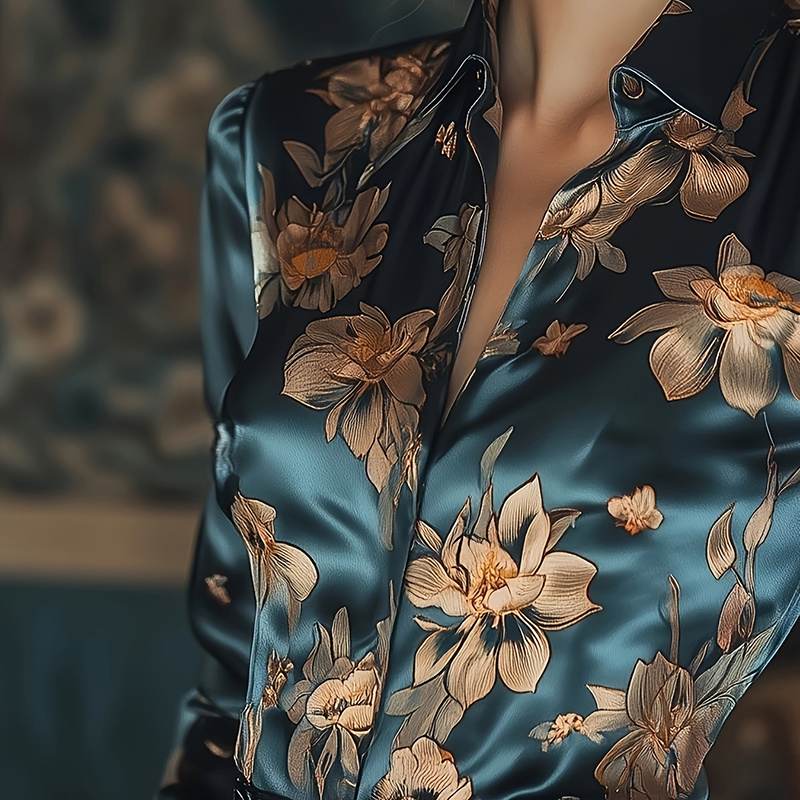 Women's Elegant Satin Lapel Long Sleeve Full Button Shirt Spring Autumn Fashion Tapered Waist Design With Sheen - Image 6