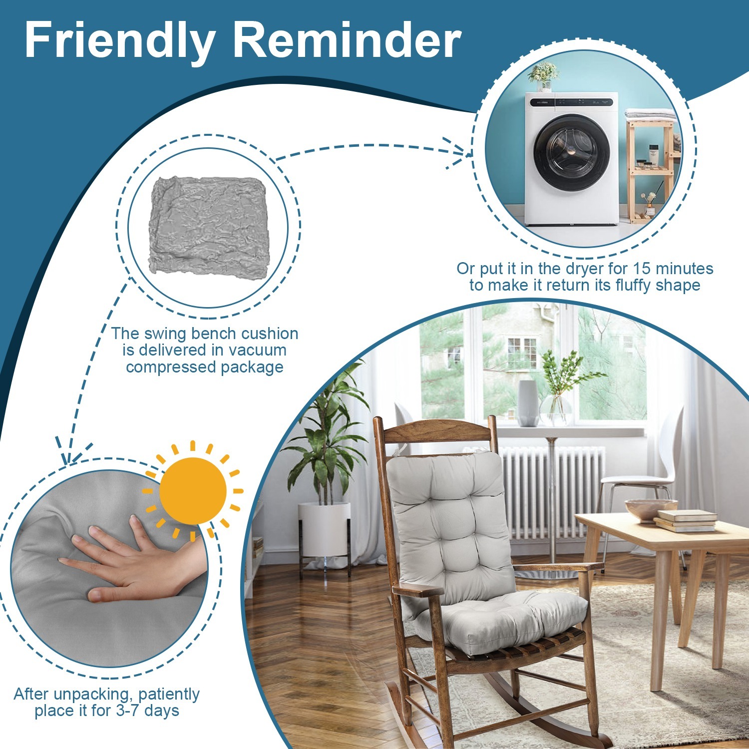 2Pcs Waterproof Rocking Chair Cushion Upper And Lower Back And Seat Sets With Non-Slip Ties Oxford Cloth Surface Polyester Filling Comfortable For Indoor Home Office Car - Image 7