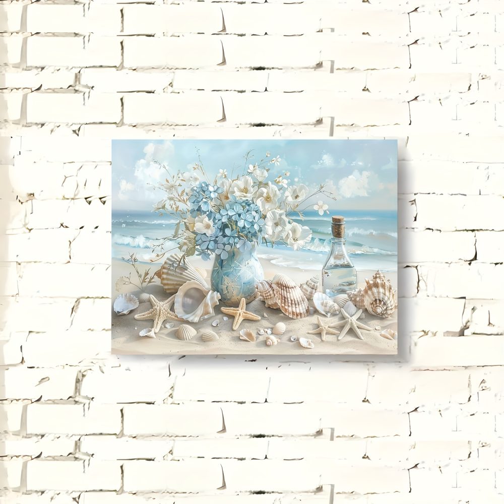 1 Piece Framed Wooden Canvas Painting, One Piece Blue Vase Floral Canvas Print, Wooden Frame Wall Art, Shell And Ocean Theme, Home And Office Decor, Suitable For Living Room, Bedroom, Kitchen, School - Image 5