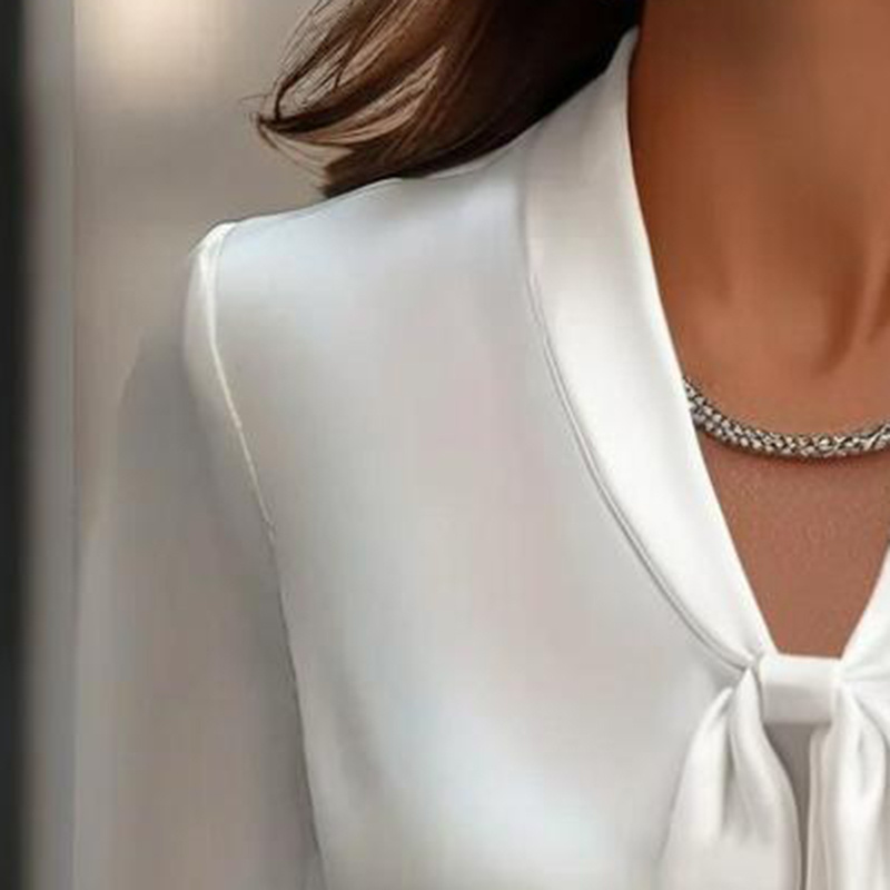 Women's Elegant Satin Blouse, Long Sleeve Button Down Shirt With Ribbon Detail For Office Work - Image 7