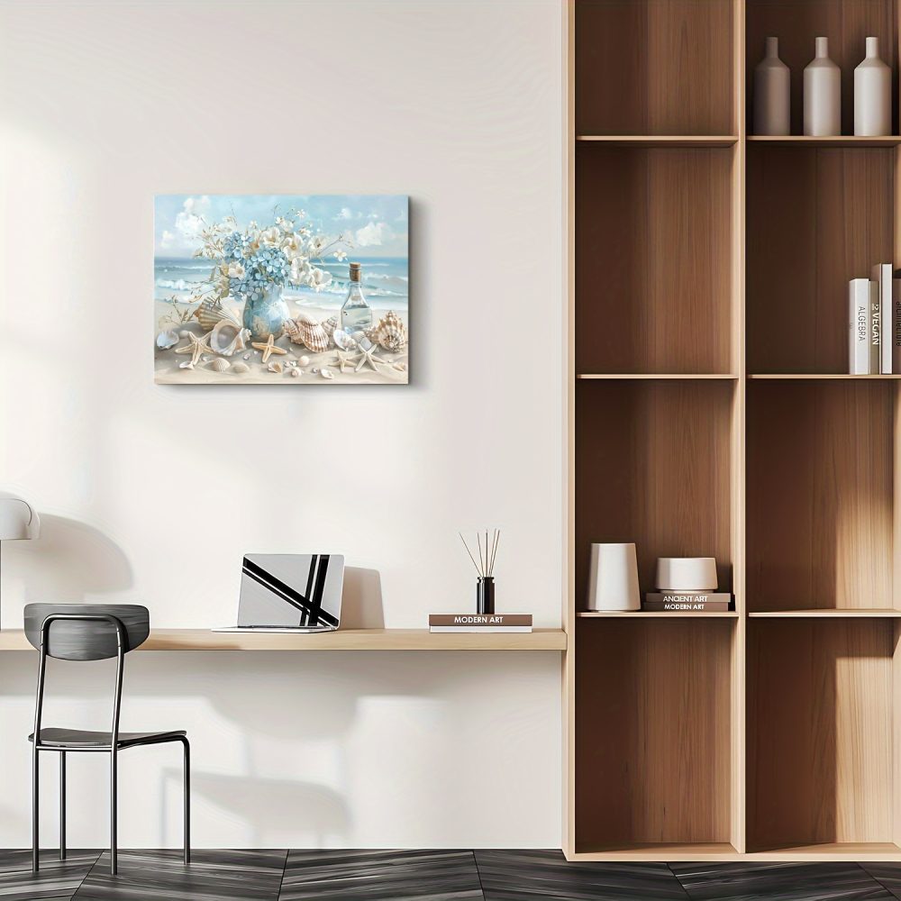 1 Piece Framed Wooden Canvas Painting, One Piece Blue Vase Floral Canvas Print, Wooden Frame Wall Art, Shell And Ocean Theme, Home And Office Decor, Suitable For Living Room, Bedroom, Kitchen, School - Image 6