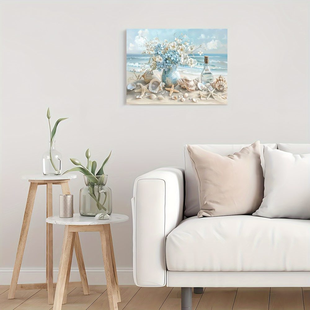 1 Piece Framed Wooden Canvas Painting, One Piece Blue Vase Floral Canvas Print, Wooden Frame Wall Art, Shell And Ocean Theme, Home And Office Decor, Suitable For Living Room, Bedroom, Kitchen, School - Image 2