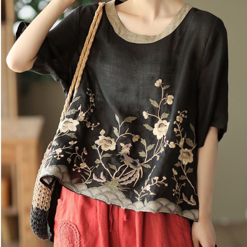 Art Retro Embroidery Top Colored Round Neck Pullover - Image 5
