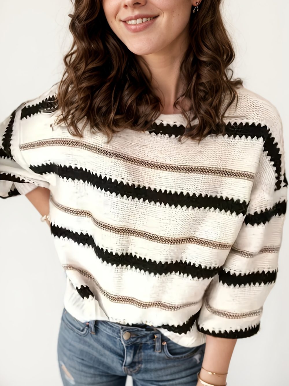 Women's Autumn And Winter Commuting Pullover, Striped Casual Long Sleeved Knitted Sweater - Image 5