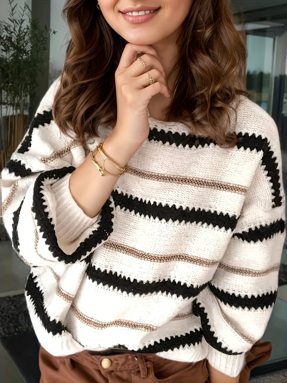 Women's Autumn And Winter Commuting Pullover, Striped Casual Long Sleeved Knitted Sweater - Image 2