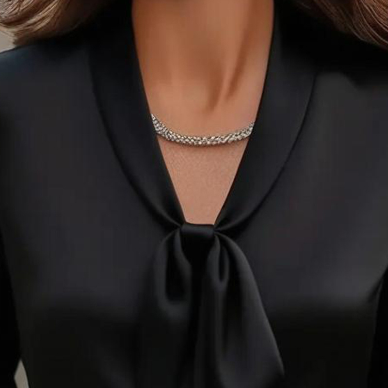 Women's Elegant Satin Blouse, Long Sleeve Button Down Shirt With Ribbon Detail For Office Work - Image 10