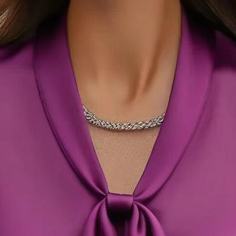 Women's Elegant Satin Blouse, Long Sleeve Button Down Shirt With Ribbon Detail For Office Work - Image 6