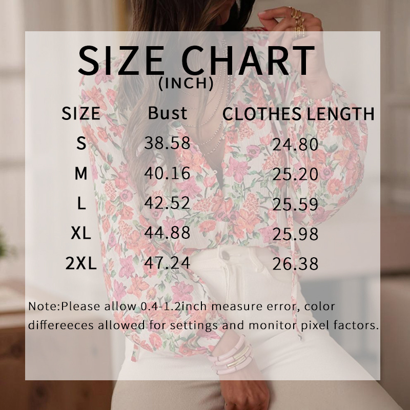 Women's Casual Boho Floral Print V Neck Long Sleeve Drawstring Tops Loose Blouses Button Down Shirts - Image 2