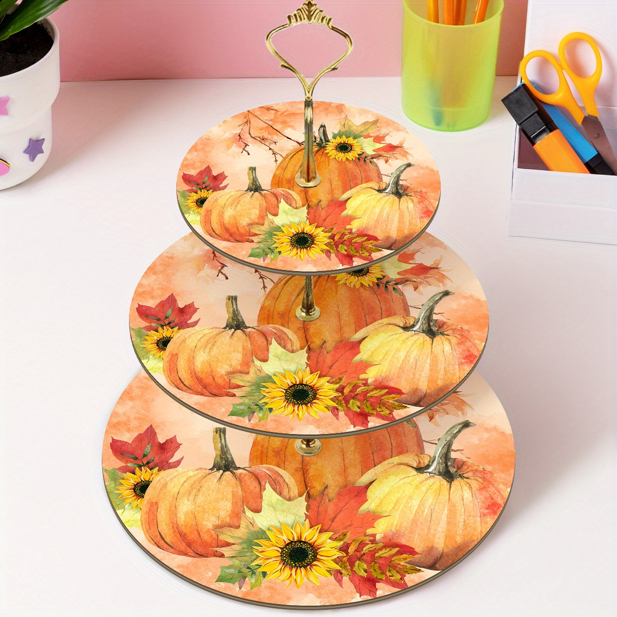 1pc Three-Tier Wooden Tray Rack with Autumn Pumpkin & Sunflower Design - Perfect for Thanksgiving, Christmas, and Halloween Decor, Ideal for Harvest Festival Activities and Home Decoration, Festive Display Rack|Seasonal Decor|Wooden Construction, Tray Decor (Non-Food Contact)