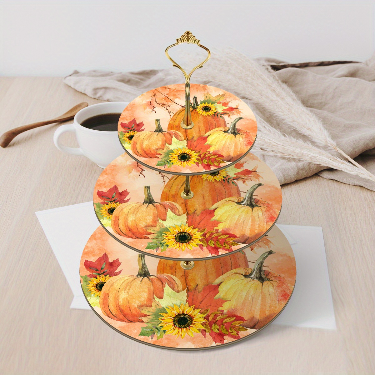 1pc Three-Tier Wooden Tray Rack with Autumn Pumpkin & Sunflower Design - Perfect for Thanksgiving, Christmas, and Halloween Decor, Ideal for Harvest Festival Activities and Home Decoration, Festive Display Rack|Seasonal Decor|Wooden Construction, Tray Decor (Non-Food Contact) - Image 3