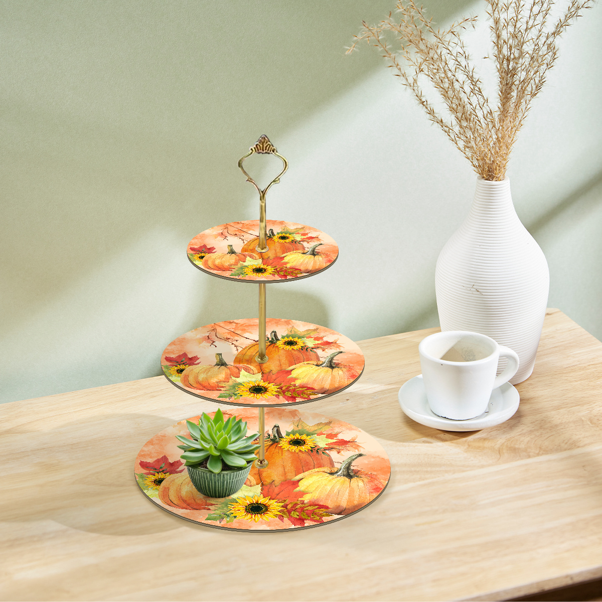 1pc Three-Tier Wooden Tray Rack with Autumn Pumpkin & Sunflower Design - Perfect for Thanksgiving, Christmas, and Halloween Decor, Ideal for Harvest Festival Activities and Home Decoration, Festive Display Rack|Seasonal Decor|Wooden Construction, Tray Decor (Non-Food Contact) - Image 4