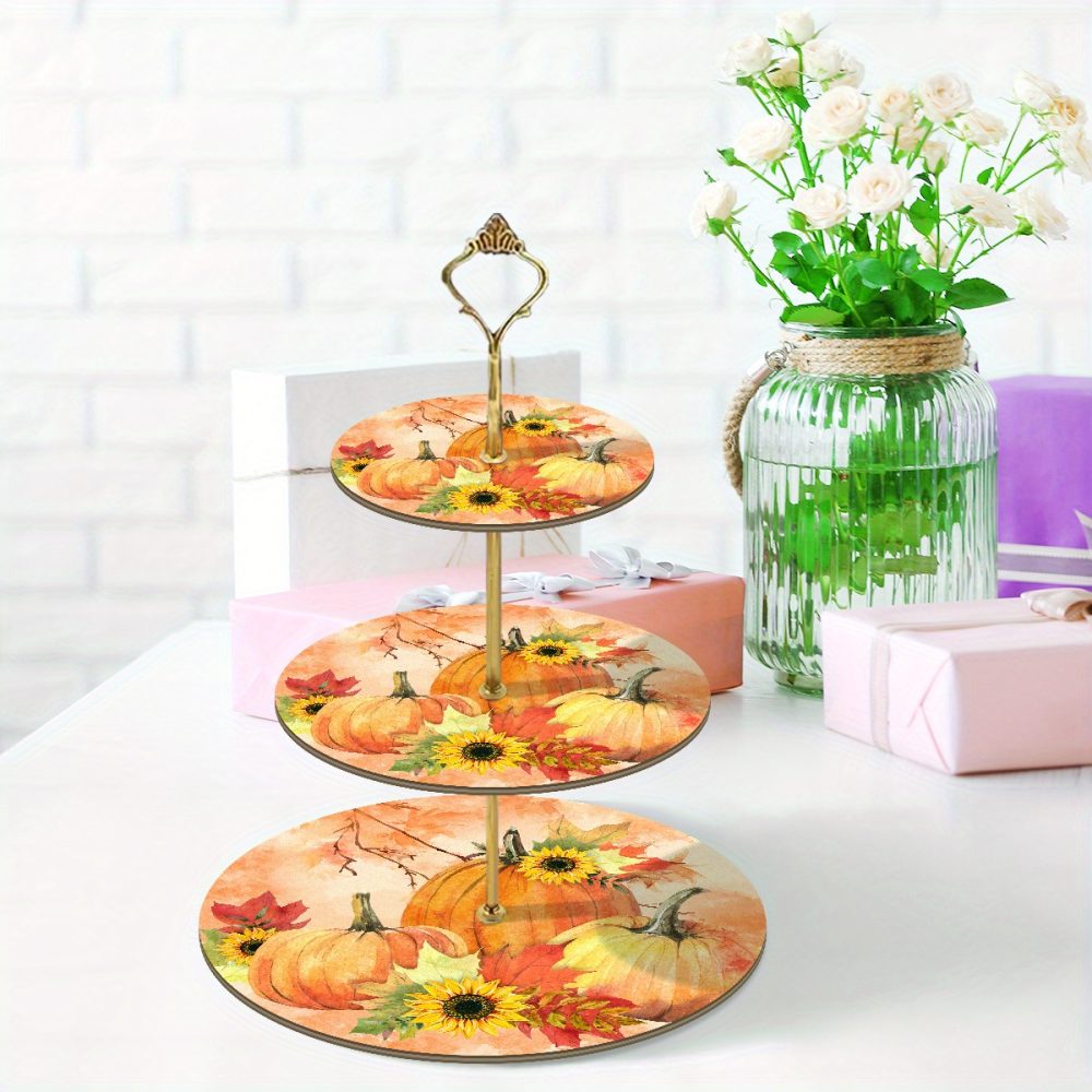 1pc Three-Tier Wooden Tray Rack with Autumn Pumpkin & Sunflower Design - Perfect for Thanksgiving, Christmas, and Halloween Decor, Ideal for Harvest Festival Activities and Home Decoration, Festive Display Rack|Seasonal Decor|Wooden Construction, Tray Decor (Non-Food Contact) - Image 5