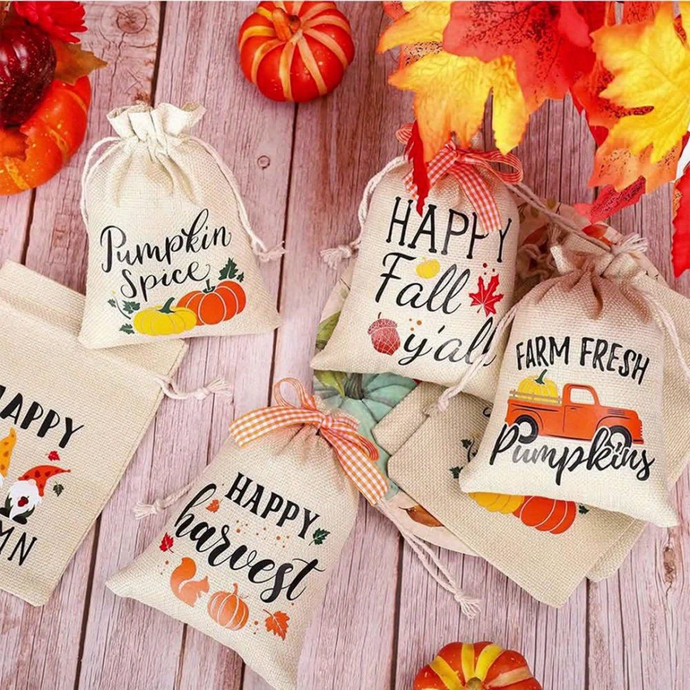 [Autumn Hemp Bags] 18pcs Autumn Hemp Bags, Orange And White Checkered Satin Ribbon Drawstring Bags, Christmas Pumpkin Maple Leaf Linen Jute Gift Bags, Jewelry Bags, Valentine's Day,St. Patrick's Day,Easter,Thanksgiving Day Drawstring Bags Party Favors - Image 6