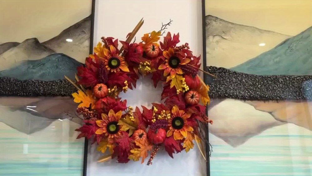 24" Fall Decorations For Home, Autumn Wreaths With Artificial Maple Leaves Fake Pumpkins Faux Acorns Sunflower, For Indoor Outdoor, Farmhouse Wall Thanksgiving Day Harvest Festival Decor, Halloween Party Decorations - Image 11