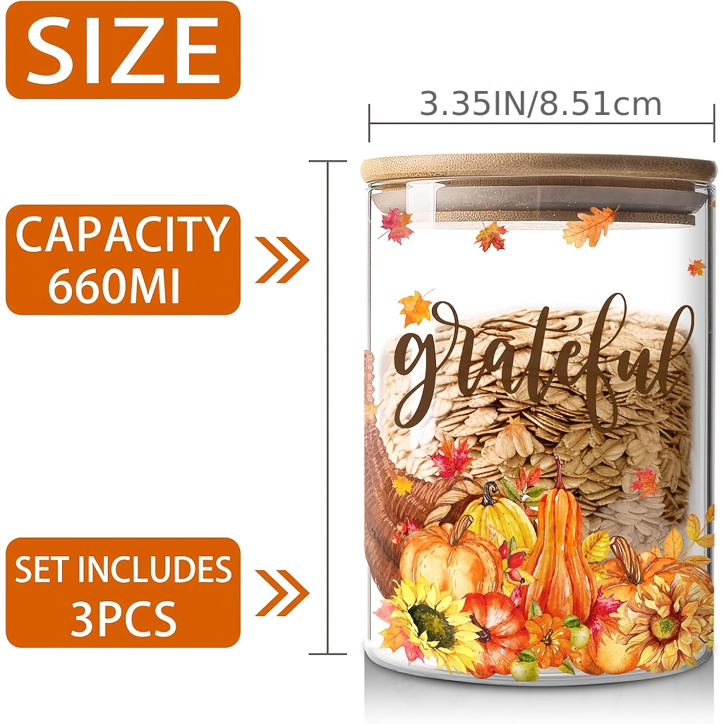 Set of 3 Thanksgiving Glass Storage Jars with Lids - Farmhouse Canisters with Turkey, Pumpkin & Autumn Leaf Patterns, Airtight Snap-Fit Lids, Clear Glass Containers for Fall Kitchen Decor, Pantry Organization, Seasonal Harvest Table Setting - Reusab - Image 3
