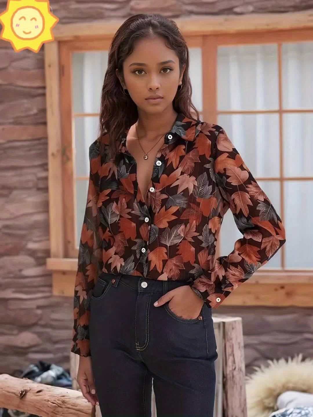 Women'S 3D Digital Print Long Sleeve Shirt - Elegant Leaf Pattern in Brown/, Classic Collar & Single-Breasted Button Front, All-Season Versatile Blouse for Casual & Formal Outfits, Regular Fit Tunic Style (No Waistband) - Spring Summer Fall Daily & - Image 6