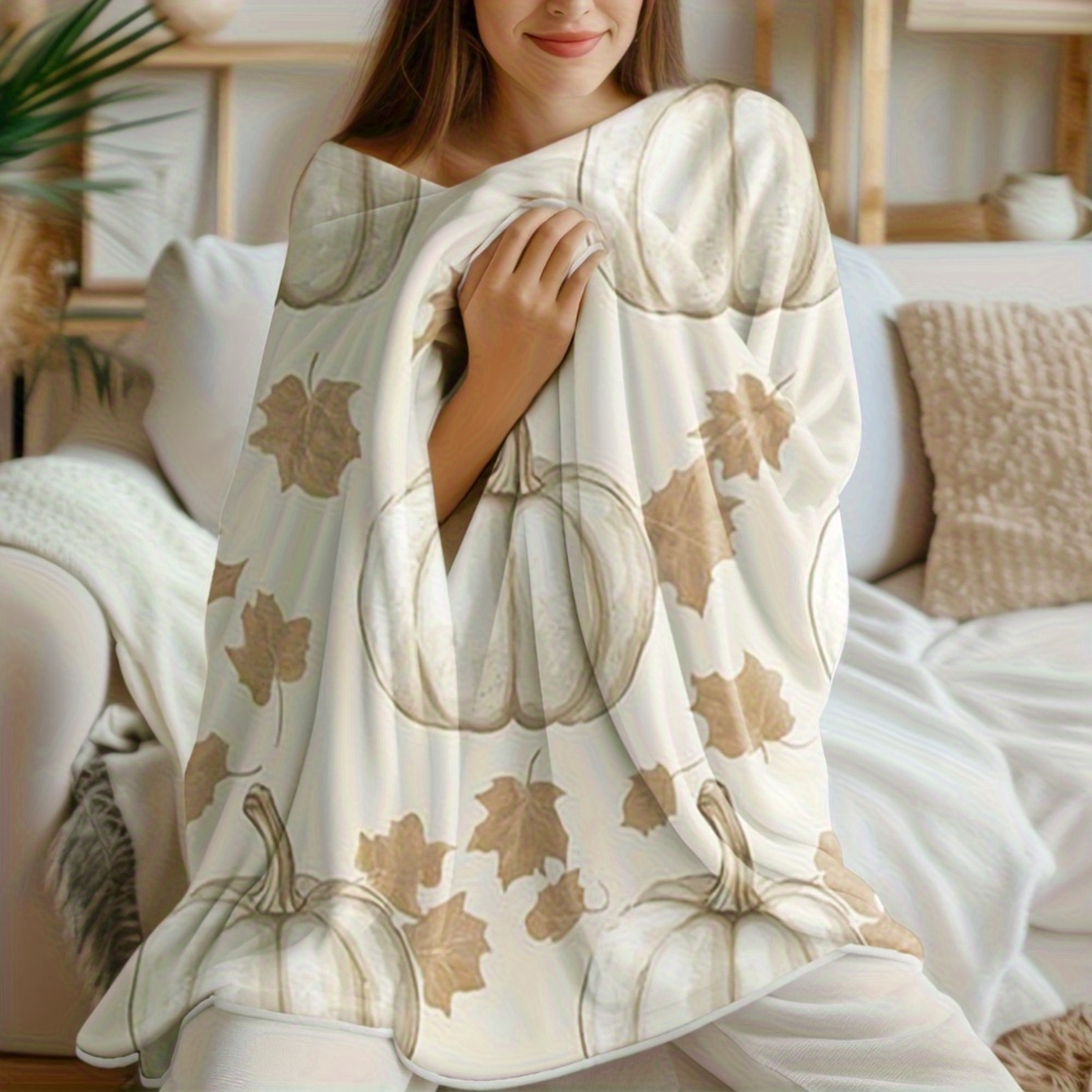1pc All-Season Soft Flannel Blanket - Beige, White, Brown & Golden Autumn Pumpkin & Leaf Print, Cozy Bedspread or Sofa Throw, Machine Washable Bedding for Fall Home Decor, Thanksgiving & Halloween Decorations, Contemporary Vintage Style Bed Cover, Warm Beige & Brown Tones, Plush Texture, Geometric Pattern, All-Season Use, Cozy Home Accessory, Perfect for Couch or Bed, Quilted Blanket, Blanket Gift, Blanket Flannel, Cartoon Blanket - Image 6