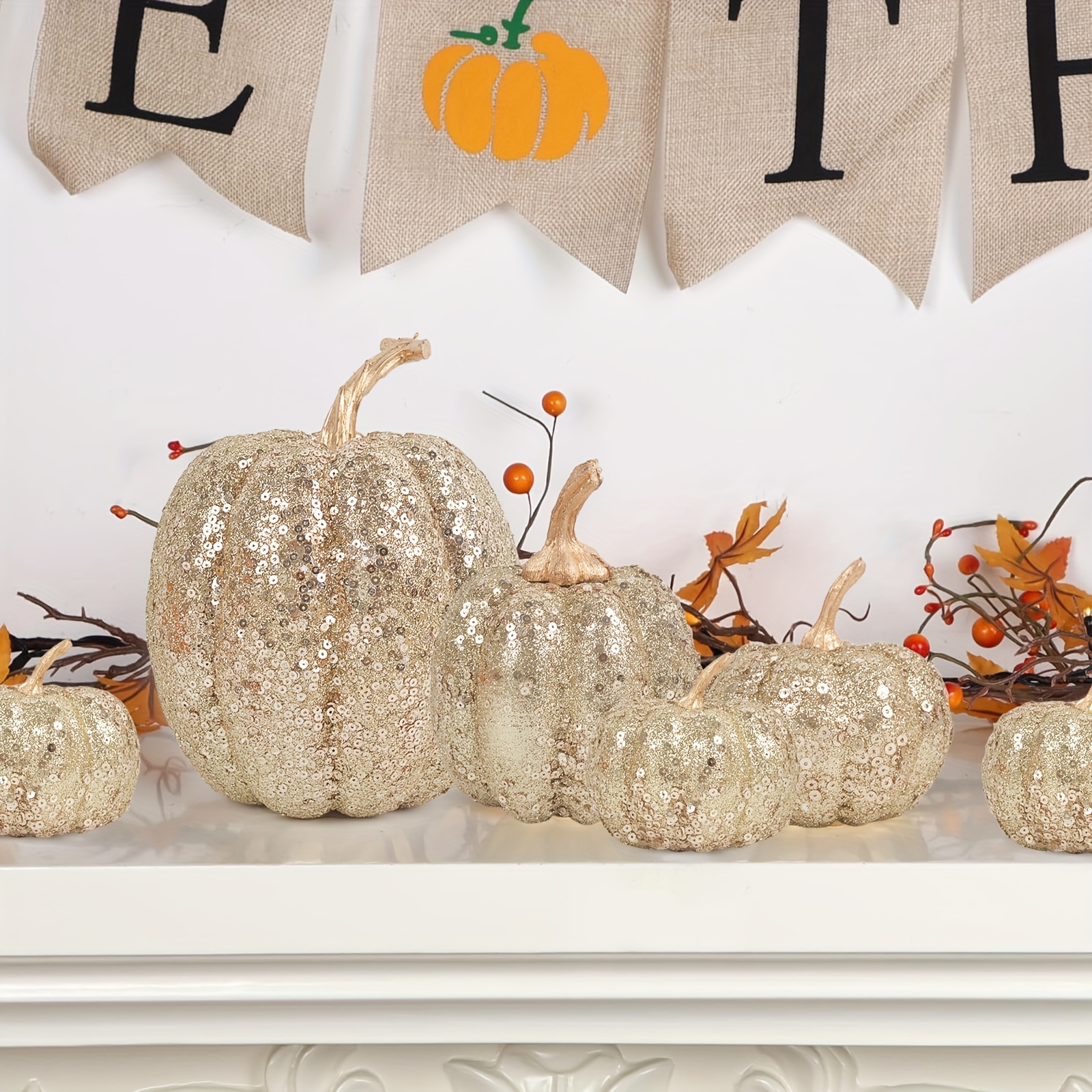4pcs of Shiny Champagne-Colored Artificial Pumpkins - Multi-Sized Indoor Thanksgiving Decorations, Suitable for Placement on Fireplace Stands And Tabletop Centers, Perfect for Festive Occasions, Essential for Halloween And Christmas Celebrations