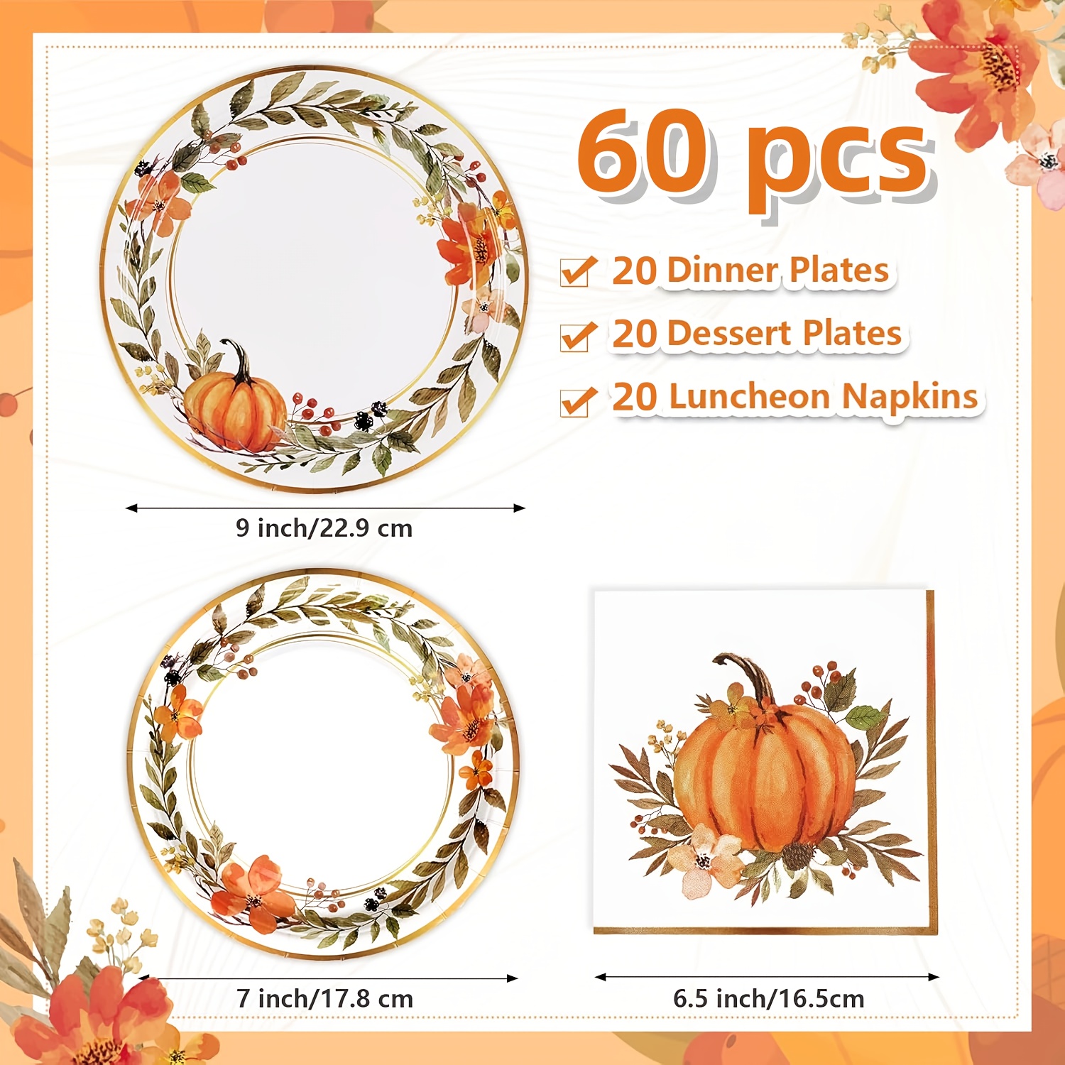 60/180/300pcs Elegant Watercolor Pumpkin Wreath Fall Tableware Set - Autumn Harvest Plates & Napkins in Orange, Brown, Green, Pink, Beige - Bulk Disposable Dinnerware for Thanksgiving, Halloween, Christmas, Weddings, Birthdays, Minimalist Party Decorations (7in & 9in Plates) - Easy Cleanup, Versatile for Casual & Formal Events - Image 8