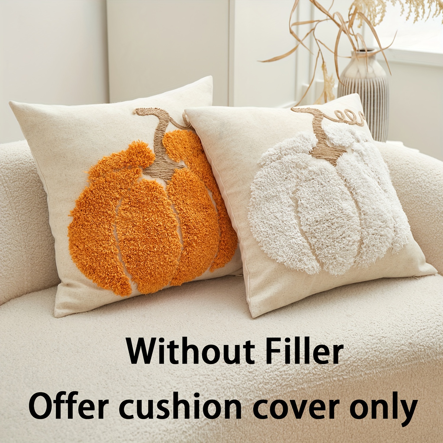 Traditional Pumpkin Embroidery Chenille Throw Pillow Cover, Thanksgiving Decorative Cushion Case with Zipper, Spot-Clean Only, Woven Polyester & Linen Blend, Fits Various Room Types - 1pc - Image 5