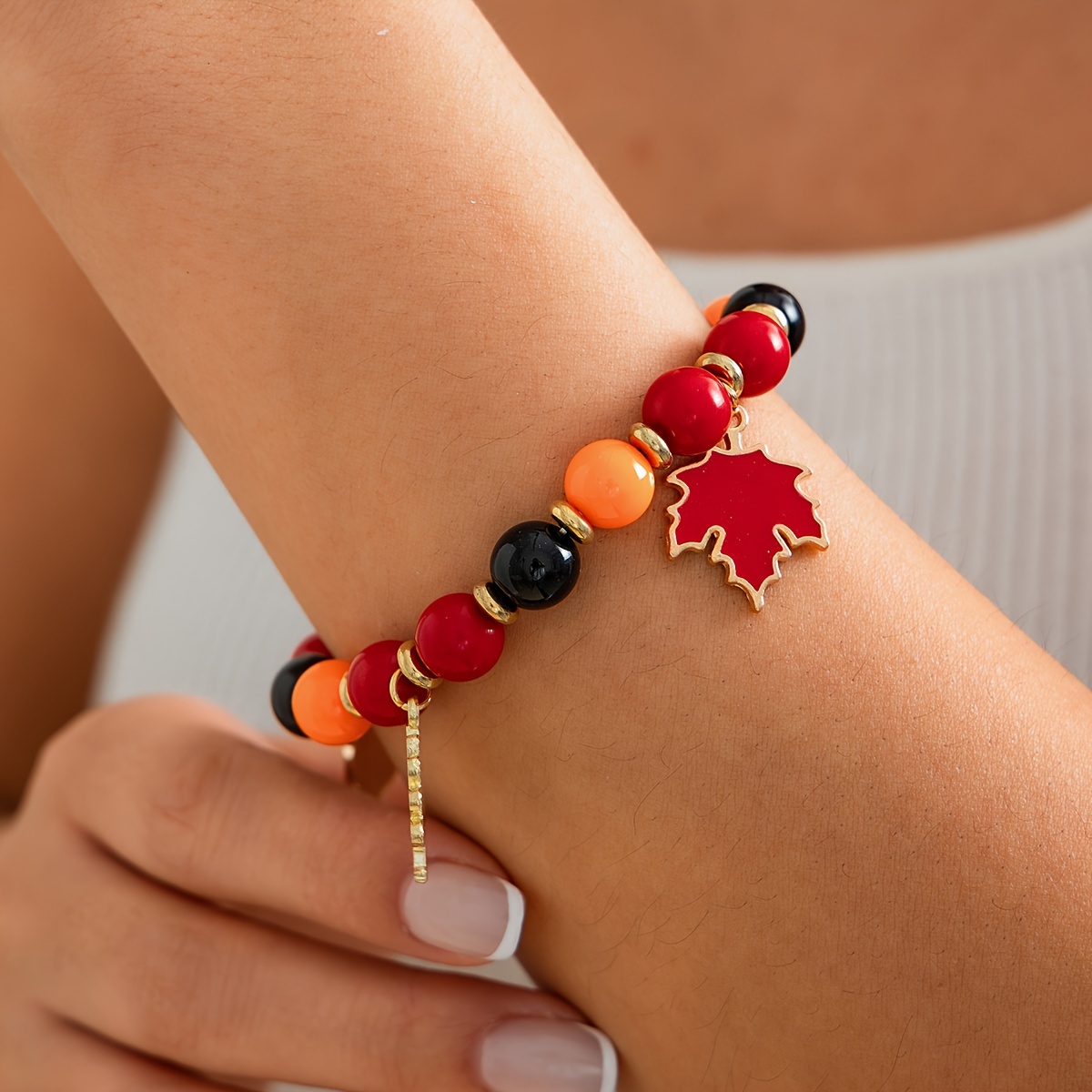Elegant Vintage-Inspired Maple Leaf & Pumpkin Beaded Bracelet - Perfect Thanksgiving Gift for Her - Image 3