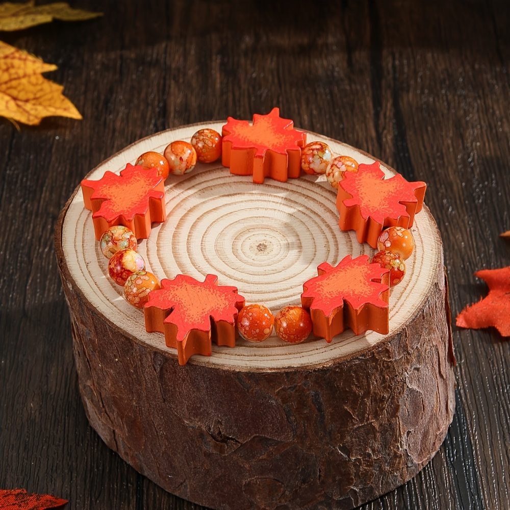 [Thanksgiving|Beaded Bracelet] 1pc Thanksgiving Beaded Bracelet for Women | Handmade Festive Jewelry Gift | Autumn & Winter Maple Leaf Design, Vibrant Accessory - Image 2