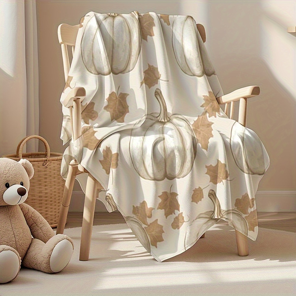 1pc All-Season Soft Flannel Blanket - Beige, White, Brown & Golden Autumn Pumpkin & Leaf Print, Cozy Bedspread or Sofa Throw, Machine Washable Bedding for Fall Home Decor, Thanksgiving & Halloween Decorations, Contemporary Vintage Style Bed Cover, Warm Beige & Brown Tones, Plush Texture, Geometric Pattern, All-Season Use, Cozy Home Accessory, Perfect for Couch or Bed, Quilted Blanket, Blanket Gift, Blanket Flannel, Cartoon Blanket - Image 2