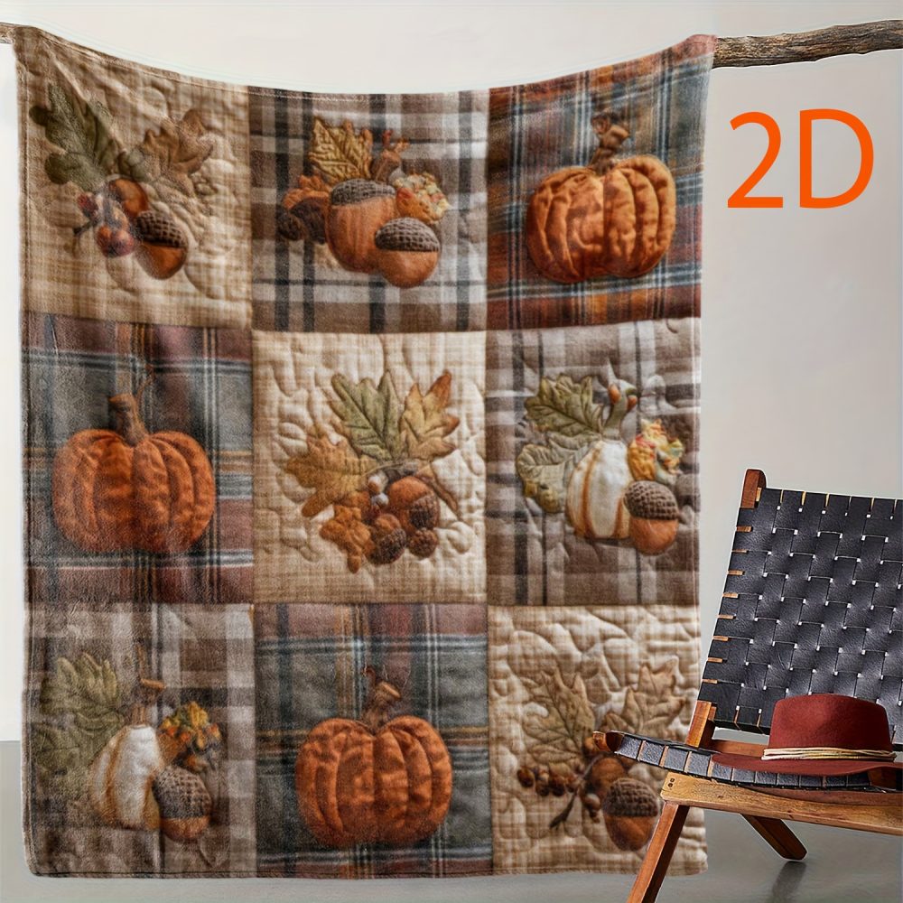 1 Flannel Blanket, Autumn Patchwork Plaid with 2D Printed Pumpkin and Acorn Designs, Warm Comfortable Soft Throw for Sofa Bed Couch Car Office Camping Travel Gift All-Season Use - Image 2