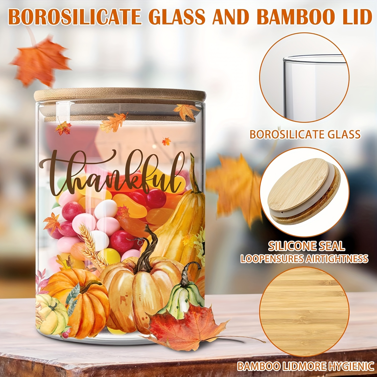 Set of 3 Thanksgiving Glass Storage Jars with Lids - Farmhouse Canisters with Turkey, Pumpkin & Autumn Leaf Patterns, Airtight Snap-Fit Lids, Clear Glass Containers for Fall Kitchen Decor, Pantry Organization, Seasonal Harvest Table Setting - Reusab - Image 6