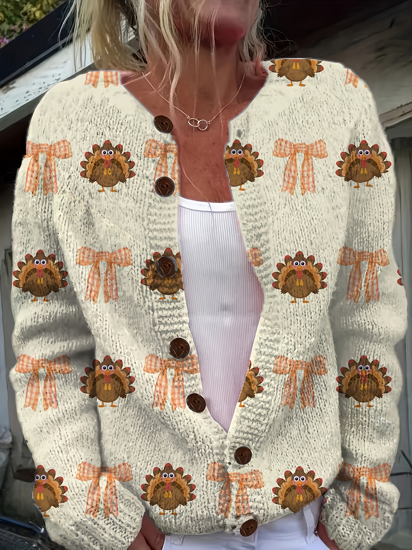 Women's Soft Cardigan Sweater - Long Sleeve Button Front Closure, Loose Fit H-Line Silhouette with 3D Turkey & Checkered Bow Print - Beige//Orange/Brown Fall Thanksgiving Outfits - Machine Washable Sweater for Women, Cute Sweater, Winter Cardigan for Women High Quality, Cardigan with Design, Sweatshirts for Women, Women Sweaters - Image 2