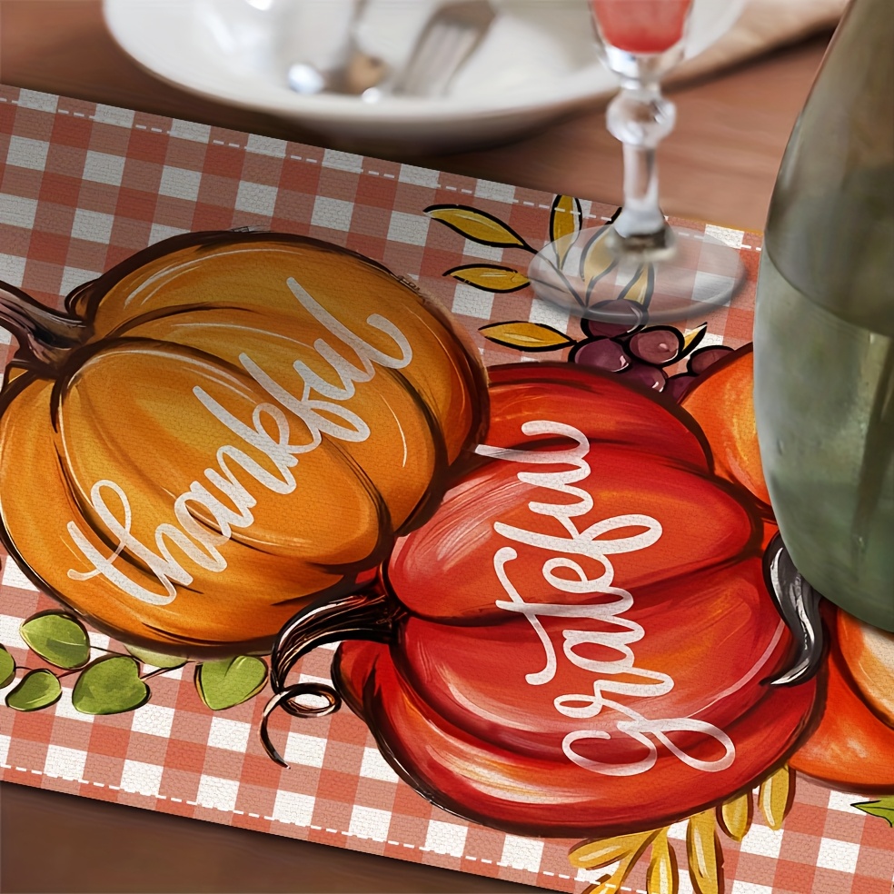 Extra Long Thanksgiving Table Runner - Farmhouse Fall Decor with "Thankful" & "Blessed" in Elegant Cursive Lettering, Orange & Brown Pumpkin Checkered Pattern - Image 6