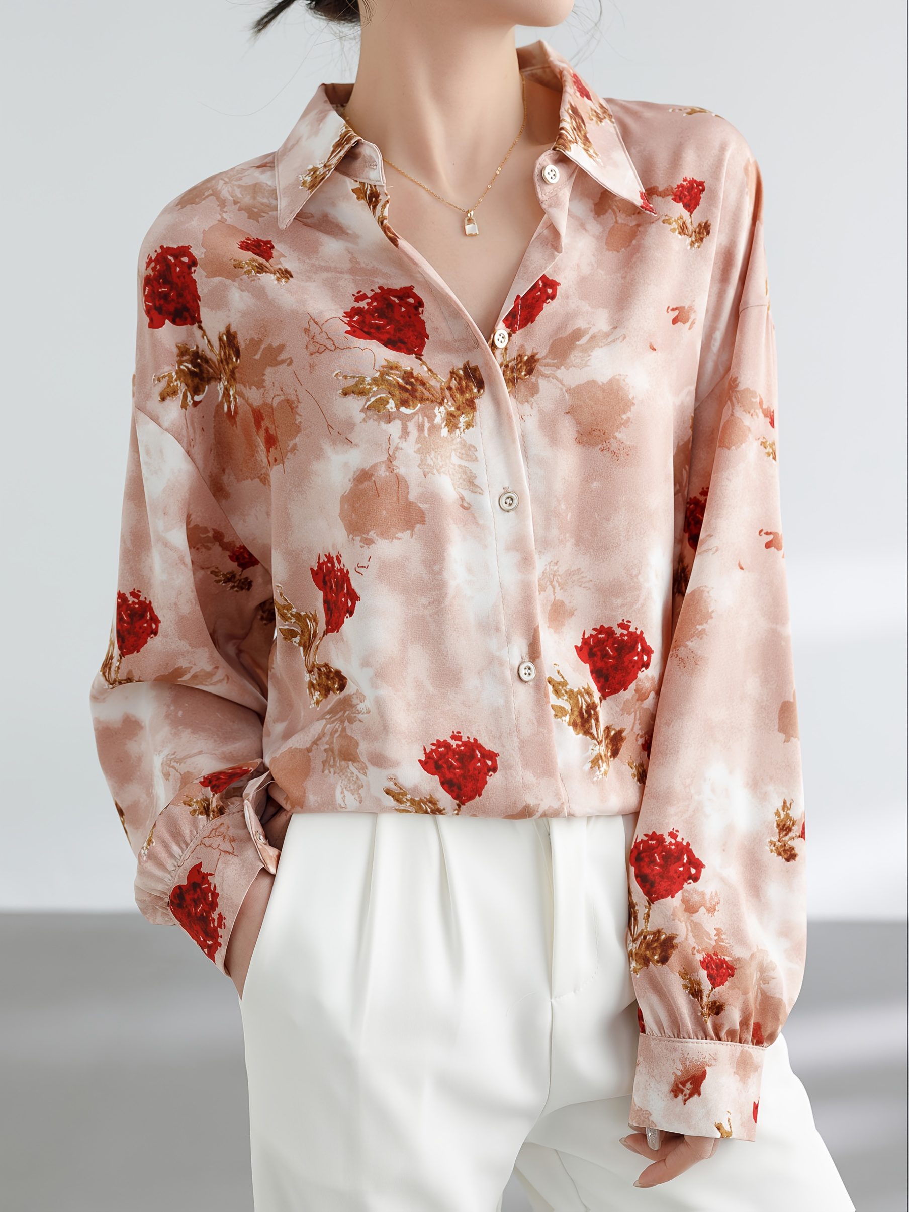 Pink Floral Loose Chiffon Shirt Women'S Temperament Retro Casual Commuter Thin Shirt Button Lapel Long Sleeve Top - Image 3