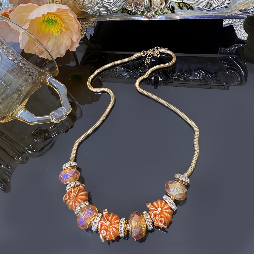 1pc Vintage-Inspired Enamel Pumpkin Beaded Necklace - 18K Golden Plated, Orange & White Glass Beads, Perfect for Thanksgiving & Holiday Parties, Ideal Gift for Women, Festive Accessory|Vintageinspired Design|Zinc Alloy Necklace - Image 7