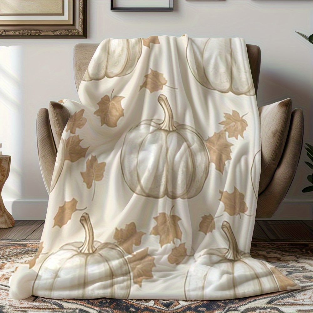 1pc All-Season Soft Flannel Blanket - Beige, White, Brown & Golden Autumn Pumpkin & Leaf Print, Cozy Bedspread or Sofa Throw, Machine Washable Bedding for Fall Home Decor, Thanksgiving & Halloween Decorations, Contemporary Vintage Style Bed Cover, Warm Beige & Brown Tones, Plush Texture, Geometric Pattern, All-Season Use, Cozy Home Accessory, Perfect for Couch or Bed, Quilted Blanket, Blanket Gift, Blanket Flannel, Cartoon Blanket - Image 7