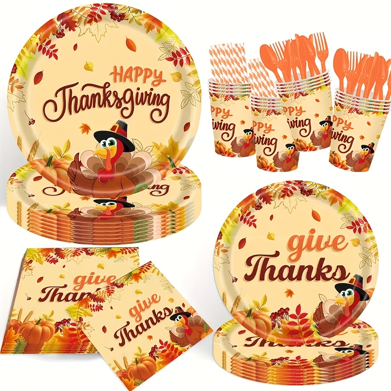 192pcs Thanksgiving Party Plates And Napkins Autumn Harvest Tableware Set Thanksgiving Disposable Plates Pumpkin Maple Leaves Paper Plates Napkins Forks Set for 24 Guests - Image 2