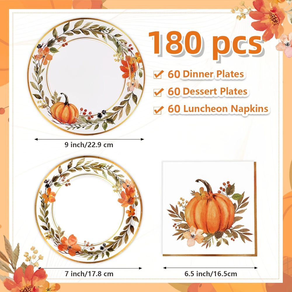 60/180/300pcs Elegant Watercolor Pumpkin Wreath Fall Tableware Set - Autumn Harvest Plates & Napkins in Orange, Brown, Green, Pink, Beige - Bulk Disposable Dinnerware for Thanksgiving, Halloween, Christmas, Weddings, Birthdays, Minimalist Party Decorations (7in & 9in Plates) - Easy Cleanup, Versatile for Casual & Formal Events - Image 6