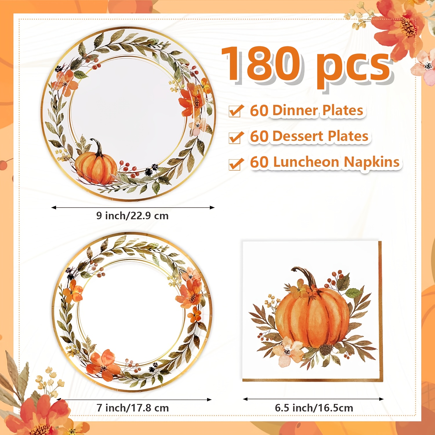 60/180/300pcs Elegant Watercolor Pumpkin Wreath Fall Tableware Set - Autumn Harvest Plates & Napkins in Orange, Brown, Green, Pink, Beige - Bulk Disposable Dinnerware for Thanksgiving, Halloween, Christmas, Weddings, Birthdays, Minimalist Party Decorations (7in & 9in Plates) - Easy Cleanup, Versatile for Casual & Formal Events - Image 6
