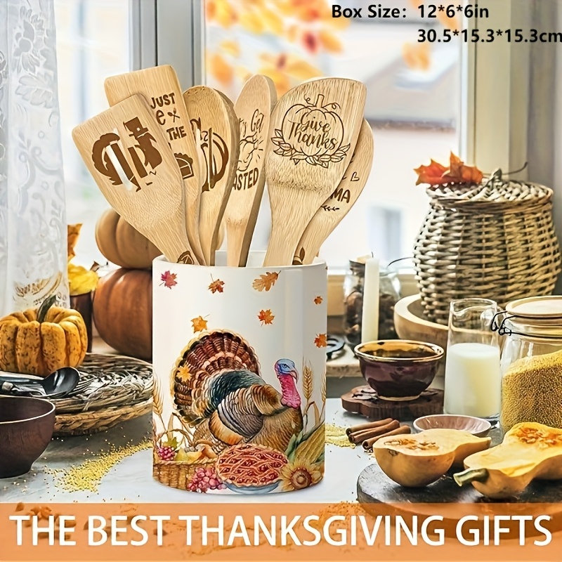 6pcs Thanksgiving Bamboo Cooking Utensil Set with Ceramic Holder - Engraved Spoons & Spatulas, Fall Kitchen Decor with Turkey Design, Holiday Gift Set for Thanksgiving